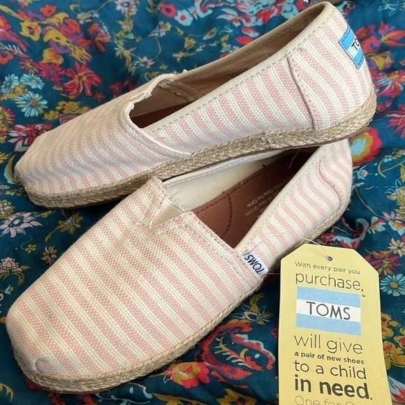 Brand New Toms Blossom Woven Stripe Rope Sole Slip On Flats Spring Pink Canvas - Picture 2 of 14
